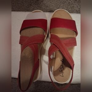 Life Stride Velocity 2.0 Sandals Women's Fuchia & White Sz 8.5M Cork Wedge Heel